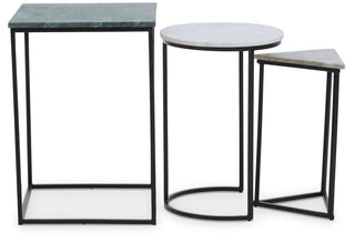 Marble Top Nest of 3 Tables with Black Metal Bases in Assorted Tones and Shapes, Mandoli - Hstrends