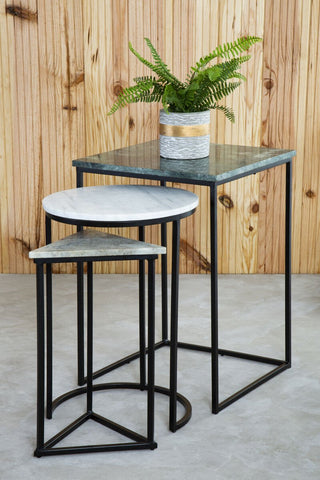 Marble Top Nest of 3 Tables with Black Metal Bases in Assorted Tones and Shapes, Mandoli - Hstrends