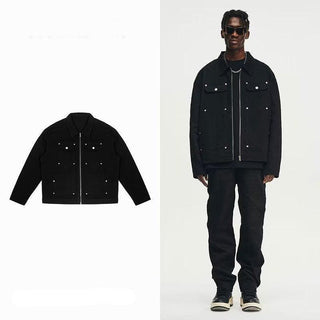 Men's Black Washed Denim Jacket with Zipper and Pocket Detailing - Retro Streetwear Style