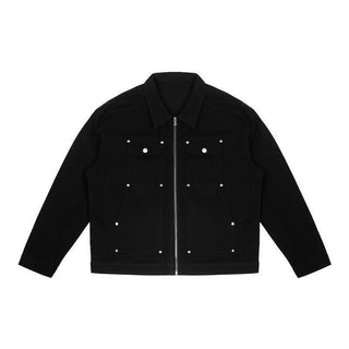 Men's Black Washed Denim Jacket with Zipper and Pocket Detailing - Retro Streetwear Style - Hstrends