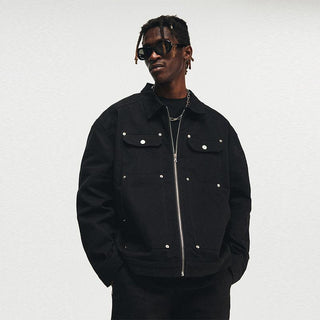 Men's Black Washed Denim Jacket with Zipper and Pocket Detailing - Retro Streetwear Style - Hstrends