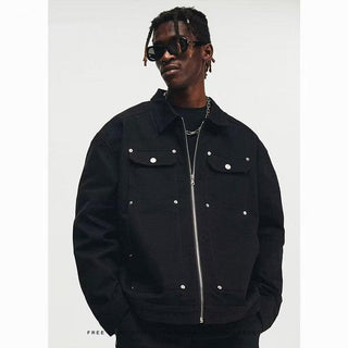 Men's Black Washed Denim Jacket with Zipper and Pocket Detailing - Retro Streetwear Style - Hstrends