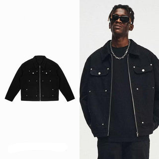 Men's Black Washed Denim Jacket with Zipper and Pocket Detailing - Retro Streetwear Style