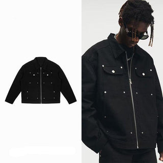 Men's Black Washed Denim Jacket with Zipper and Pocket Detailing - Retro Streetwear Style