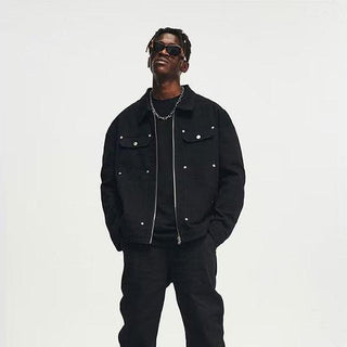 Men's Black Washed Denim Jacket with Zipper and Pocket Detailing - Retro Streetwear Style - Hstrends