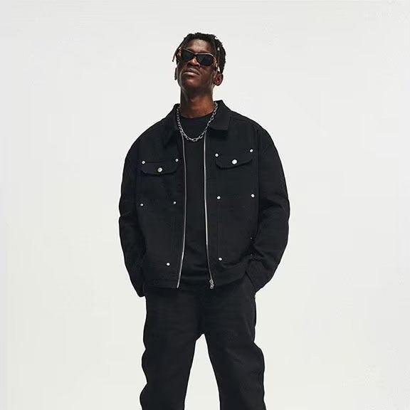 Men's Black Washed Denim Jacket with Zipper and Pocket Detailing - Retro Streetwear Style - Hstrends