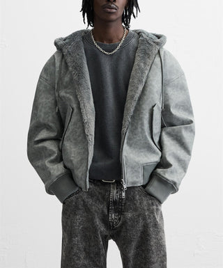 Men's Double - Sided Faux Leather Hooded Bomber Jacket - Hstrends