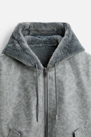Men's Double - Sided Faux Leather Hooded Bomber Jacket - Hstrends
