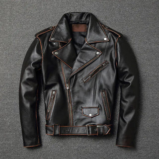 Men's Vintage Leather Motorcycle Jacket - Short Collar - Hstrends
