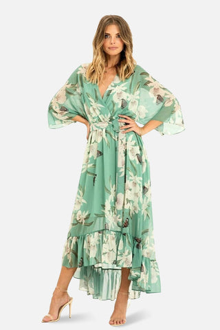 Mint Floral Kimono Sleeves Dip Hem Wrap Midi Dress - Hstrends