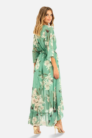 Mint Floral Kimono Sleeves Dip Hem Wrap Midi Dress - Hstrends