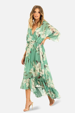 Mint Floral Kimono Sleeves Dip Hem Wrap Midi Dress - Hstrends