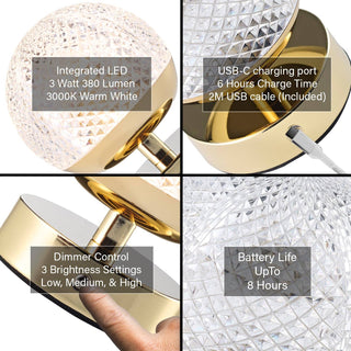 Modern Gold Rechargeable Touch Dimmable Table Lamp with Patterned Glass Shade - Hstrends