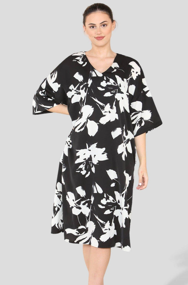 Mono Floral Print Oversized Shift Midi Dress One size Uk 8 - 16 - Hstrends
