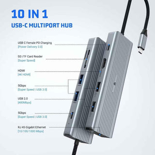Multiport 10 in 1 USB C Docking Station HDMI, TF Reader, USB A & C Ethernet - Hstrends