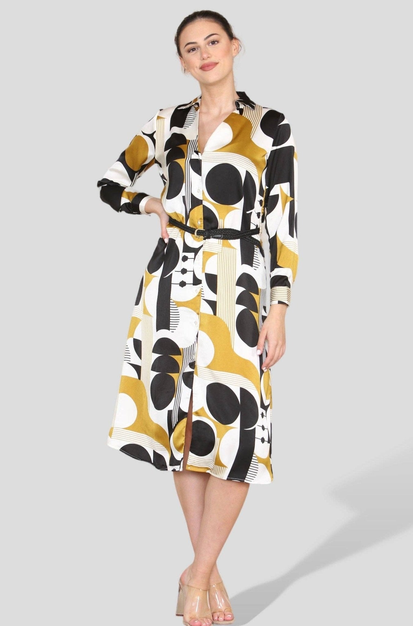 Mustard Graphic Print PU Belt A Line Midi Shirt Dress Hstrends Mustard Graphic Print PU Belt A Line Midi Shirt Dress Hstrends