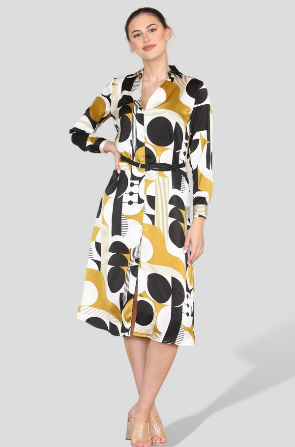 Mustard Graphic Print PU Belt A Line Midi Shirt Dress - Hstrends
