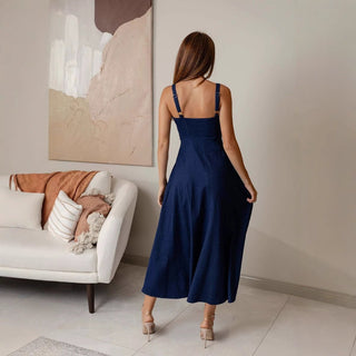 Navy Blue Backless and Sleeveless midi Denim Dress - Hstrends