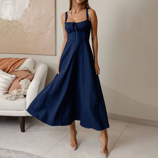 Navy Blue Backless and Sleeveless midi Denim Dress - Hstrends