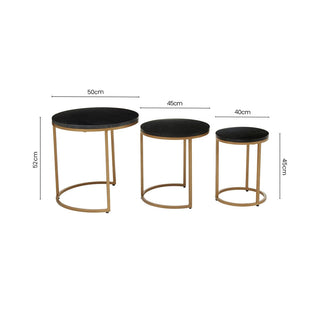 Nest of 3 Black Marble Round Top Nesting Tables with Matte Gold Metal Base, Varana - Hstrends