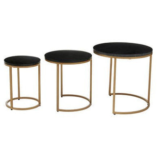 Nest of 3 Black Marble Round Top Nesting Tables with Matte Gold Metal Base, Varana - Hstrends