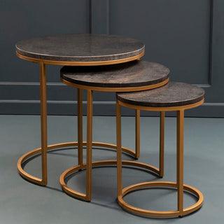 Nest of 3 Black Marble Round Top Nesting Tables with Matte Gold Metal Base, Varana - Hstrends