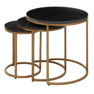 Nest of 3 Black Marble Round Top Nesting Tables with Matte Gold Metal Base, Varana - Hstrends