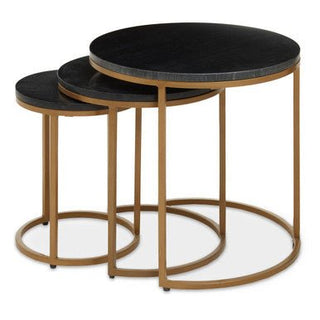 Nest of 3 Black Marble Round Top Nesting Tables with Matte Gold Metal Base, Varana - Hstrends
