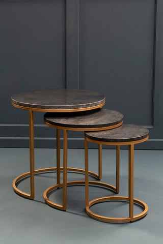 Nest of 3 Black Marble Round Top Nesting Tables with Matte Gold Metal Base, Varana - Hstrends