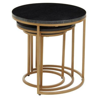 Nest of 3 Black Marble Round Top Nesting Tables with Matte Gold Metal Base, Varana - Hstrends
