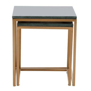 Nest of Two Green Marble Top Nesting Side Tables with Gold Finish Metal Frame, Varana - Hstrends