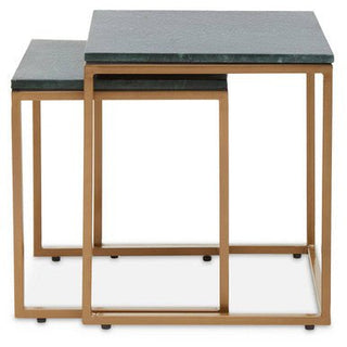 Nest of Two Green Marble Top Nesting Side Tables with Gold Finish Metal Frame, Varana - Hstrends