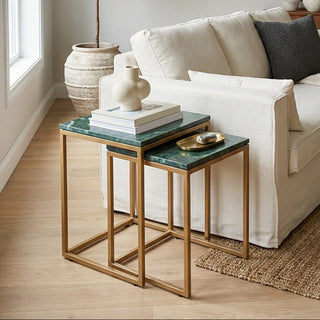 Nest of Two Green Marble Top Nesting Side Tables with Gold Finish Metal Frame, Varana - Hstrends