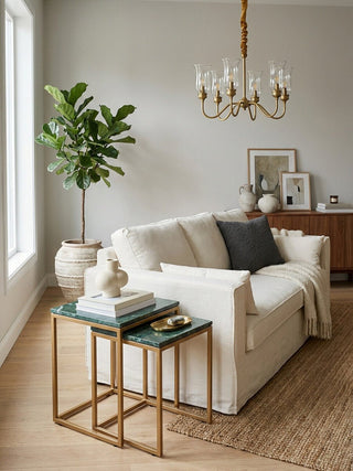 Nest of Two Green Marble Top Nesting Side Tables with Gold Finish Metal Frame, Varana - Hstrends