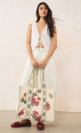 Neutral Floral Quilted Shoulder 100% Cotton Bag - Hstrends