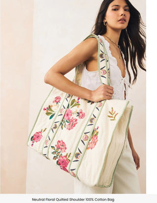 Neutral Floral Quilted Shoulder 100% Cotton Bag - Hstrends