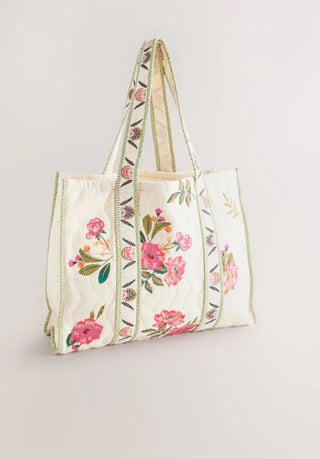 Neutral Floral Quilted Shoulder 100% Cotton Bag - Hstrends