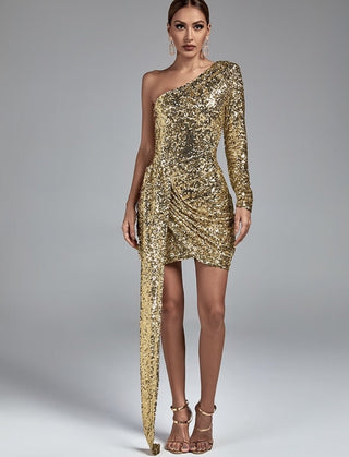 One - shoulder gold Sequined Slim Dress - Hstrends