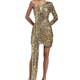 One - shoulder gold Sequined Slim Dress - Hstrends