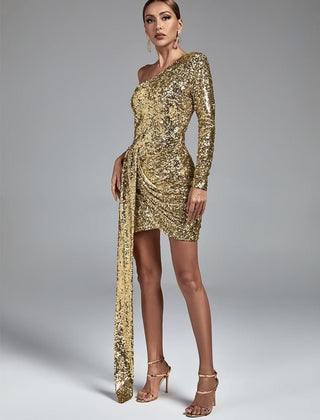 One - shoulder gold Sequined Slim Dress - Hstrends