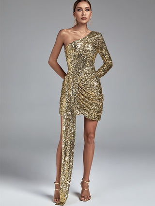 One - shoulder gold Sequined Slim Dress - Hstrends