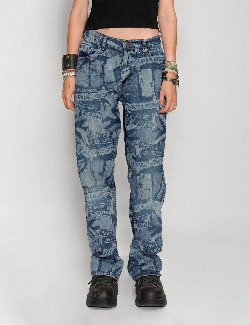 'Peace' Laser Print Jeans in Blue - Hstrends