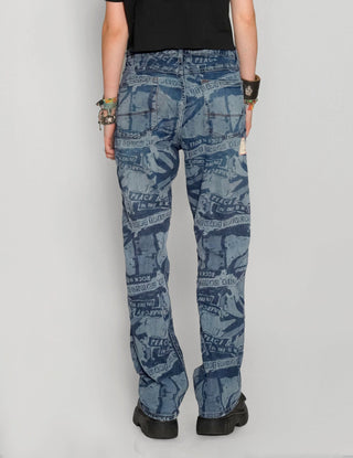 'Peace' Laser Print Jeans in Blue - Hstrends