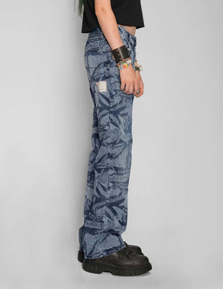 'Peace' Laser Print Jeans in Blue - Hstrends