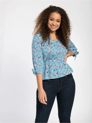 Peplum Blouse in Blue Flower Print - Hstrends