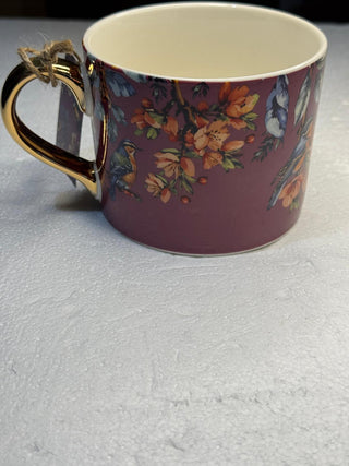 Straight Sided Mug with Gold Handle - Garden Blooms Plum