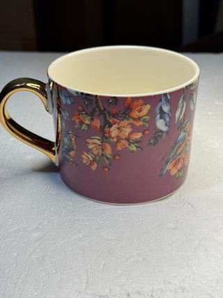 Straight Sided Mug with Gold Handle - Garden Blooms Plum