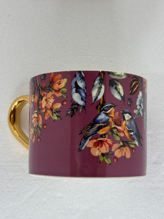 Straight Sided Mug with Gold Handle - Garden Blooms Plum