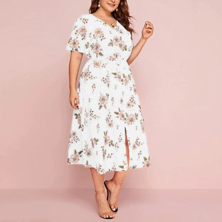Plus Size Floral Print V - Neck Short Sleeve Midi Dress - Hstrends