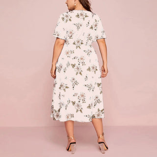 Plus Size Floral Print V - Neck Short Sleeve Midi Dress - Hstrends